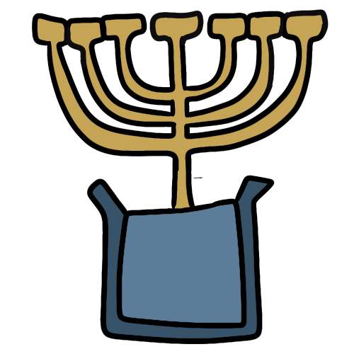 a gold temple menorah above a blue box with open flaps at the top.